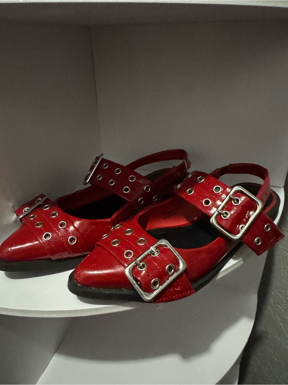 Rainbow Red Pointed Slingback Flats with Silver Buckles